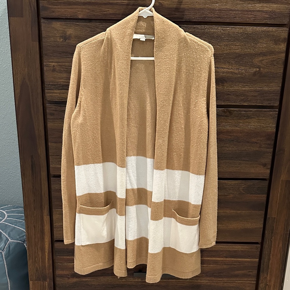 LOFT Tan and White Striped Long Cardigan